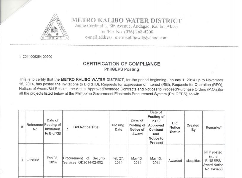 certificate of compliance - bids & awards