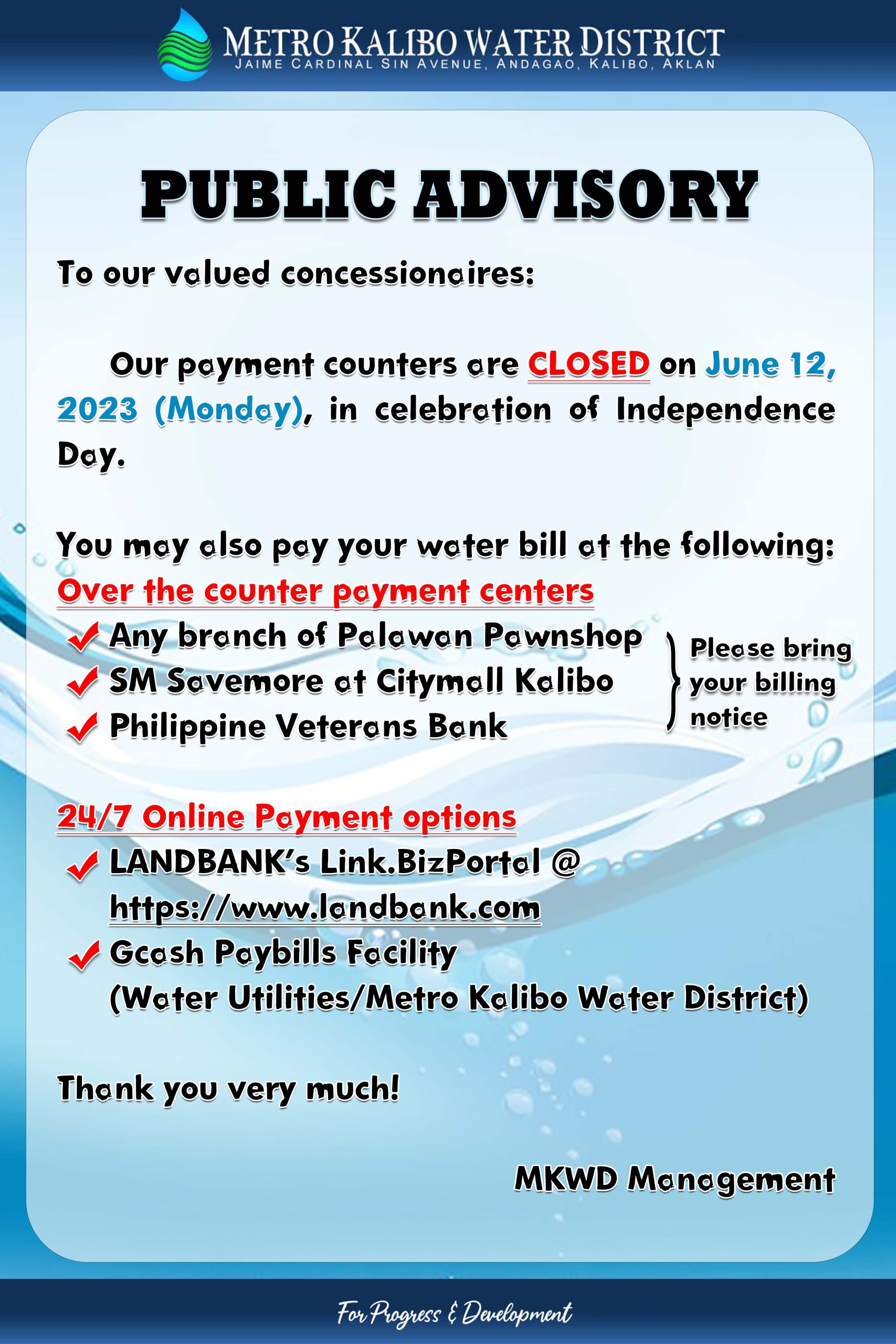 PUBLIC ADVISORY (Our payment counters are CLOSED on June 12, 2023